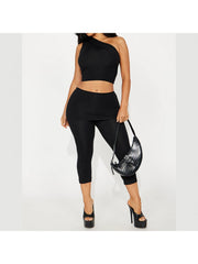 One Shoulder Cropped Tank Fitted Pant Sets