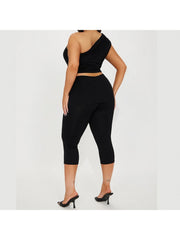 One Shoulder Cropped Tank Fitted Pant Sets