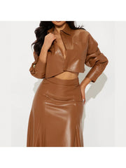 PU Cropped Shirt A-line Full Skirt Sets