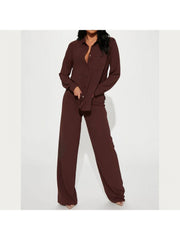 Plain Color Loose Buckle Shirt Pant Sets