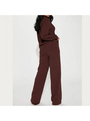 Plain Color Loose Buckle Shirt Pant Sets