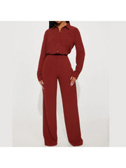 Plain Color Loose Buckle Shirt Pant Sets