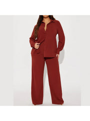 Plain Color Loose Buckle Shirt Pant Sets