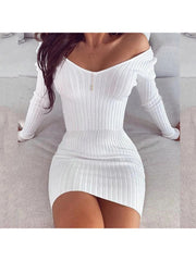 Plain V Neck Fitted Long Sleeves Mini Dress