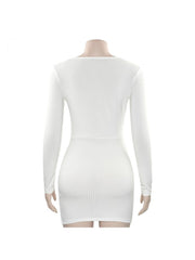 Plain V Neck Fitted Long Sleeves Mini Dress