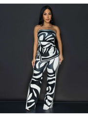 Colorblock Split Hem Tube Wide Leg Pant Sets