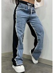 Colorblock Denim Raged Hem Straight Jeans