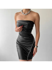 Metal Chain Ruched PU Strapless Mini Dress