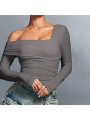 Solid Inclined Shoulder Cropped Tops