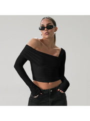 Solid Inclined Shoulder Cropped Tops