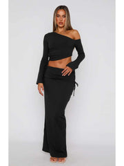 Inclined Shoulder Lace Up Cropped Skirt Sets