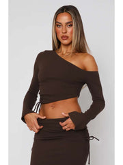 Inclined Shoulder Lace Up Cropped Skirt Sets