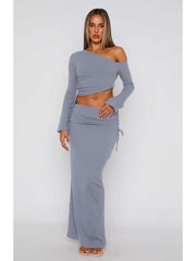 Inclined Shoulder Lace Up Cropped Skirt Sets