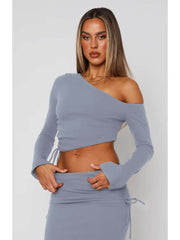 Inclined Shoulder Lace Up Cropped Skirt Sets