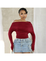 Plain Color Ruched Off Shoulder Tops