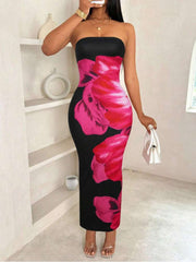 Colorblock Floral Printed Strapless Maxi Dress