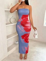 Colorblock Floral Printed Strapless Maxi Dress