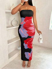 Colorblock Floral Printed Strapless Maxi Dress