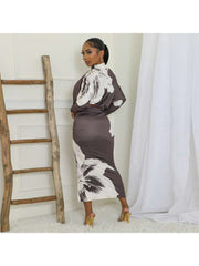 Metal Decor Graffiti Cropped Highneck Leg-of-mutton Sleeve Skirts Sets