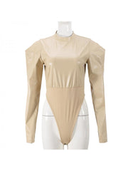 Solid Long Sleeve High Neck PU Bodysuits