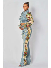 Flower Denim Jacket Ripped Jeans Sets