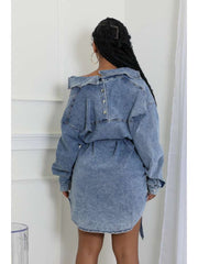 Denim Buckle Patchwork Lapel Mini Dress