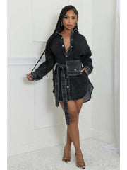 Denim Buckle Patchwork Lapel Mini Dress