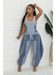 Colorblock Denim Loose Overalls Jumpsuits