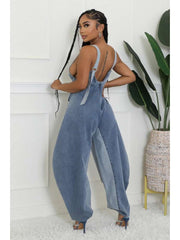 Colorblock Denim Loose Overalls Jumpsuits