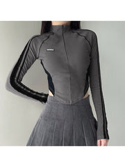 Colorblock Stand Collar Zipper Fitted Tops