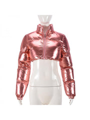 Solid Metallic High Waist Long Sleeve Short Coat