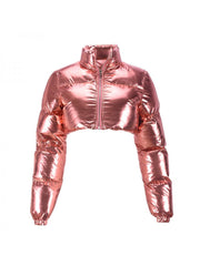 Solid Metallic High Waist Long Sleeve Short Coat