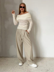 Plain Color Ruched Off Shoulder Pullover