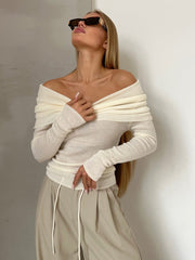 Plain Color Ruched Off Shoulder Pullover