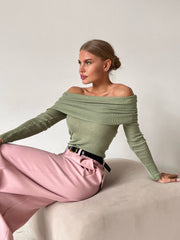 Plain Color Ruched Off Shoulder Pullover