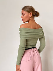 Plain Color Ruched Off Shoulder Pullover