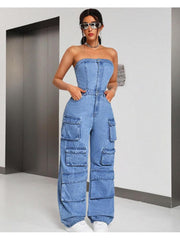 Denim Multi Pocket Strapless Cargo Jumpsuits