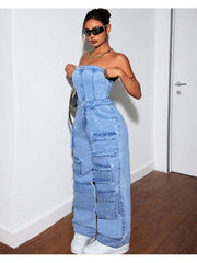 Denim Multi Pocket Strapless Cargo Jumpsuits