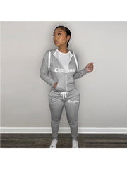 Letter Printed Zipper Hooded Pant Sets