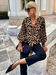 Leopard Print V Neck Lace Up Shirt