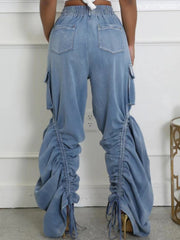 Denim Ruched Drawstring Multi Pocket Jeans