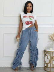 Denim Ruched Drawstring Multi Pocket Jeans