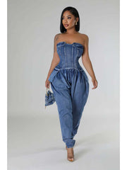 Duffel Bag Strapless Fitted Denim Jumpsuits