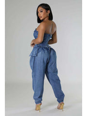 Duffel Bag Strapless Fitted Denim Jumpsuits