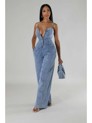 Sleeveless Denim Buckle Wide Leg Jumpsuits