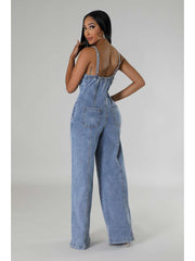 Sleeveless Denim Buckle Wide Leg Jumpsuits