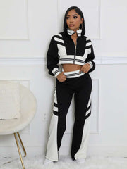 Colorblock Striped Trim Zipper Pant Sets