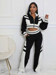 Colorblock Striped Trim Zipper Pant Sets