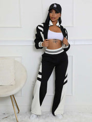 Colorblock Striped Trim Zipper Pant Sets