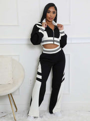 Colorblock Striped Trim Zipper Pant Sets